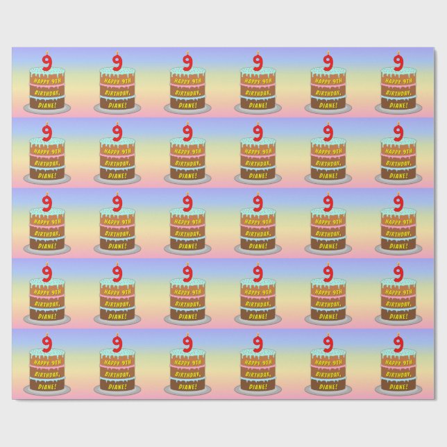 9th Birthday: Fun Cake and Candle + Custom Name Wrapping Paper (Flat)