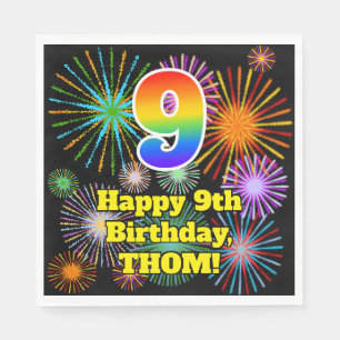 9th Birthday: Fun Fireworks Pattern + Rainbow 9 Napkin