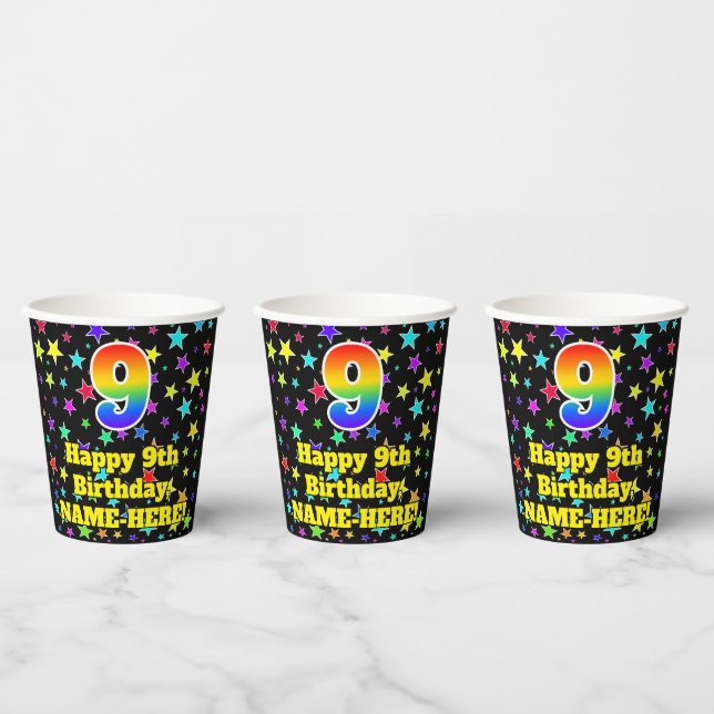 9th Birthday: Fun Stars Pattern and Rainbow 9 Paper Cups (Multi)