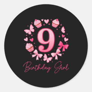 9th Birthday Girl Aesthetic Coquette Bow Classic Round Sticker