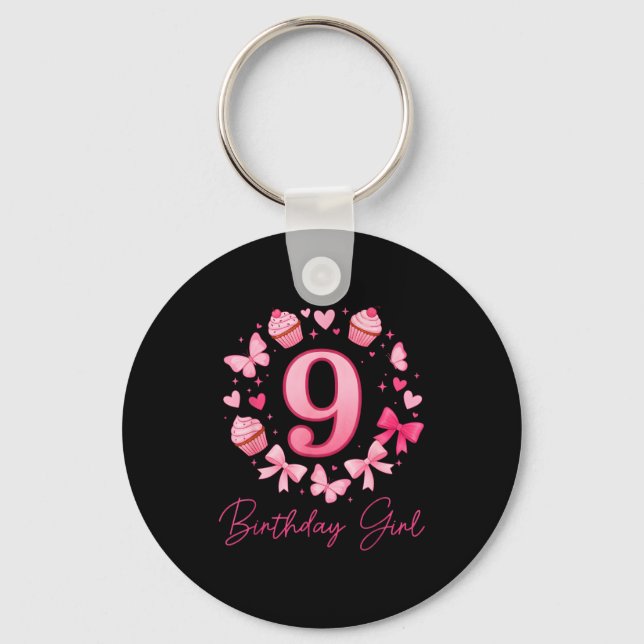 9th Birthday Girl Aesthetic Coquette Bow  Keychain (Front)