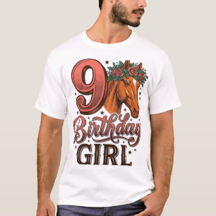 9th Birthday Girl Horse Floral Vintage Design T-Shirt