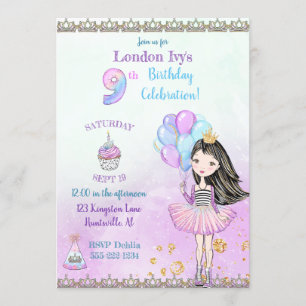 9th Birthday Girl Princess Cupcake Balloons Invitation
