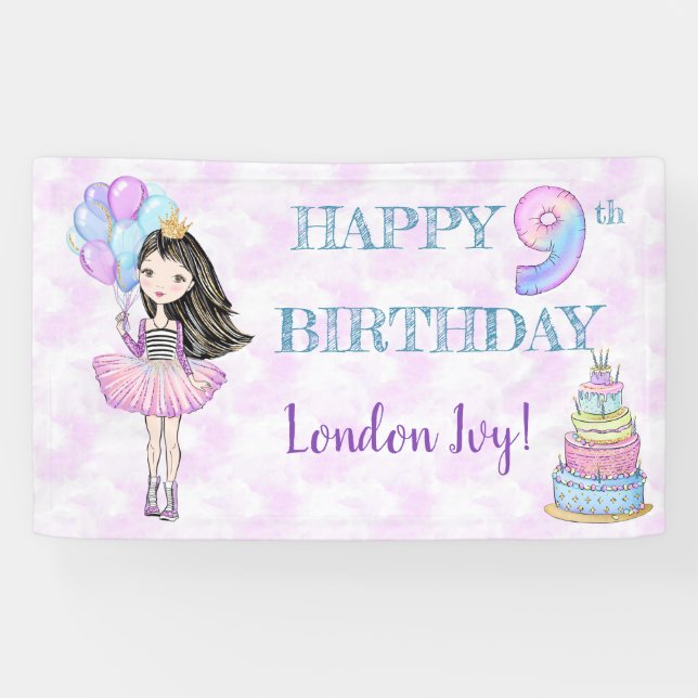 9th Birthday Girl Princess Lavender Turquoise Banner (Horizontal)