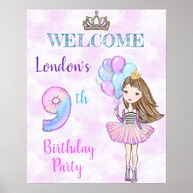 9th Birthday Girl Princess Lavender Turquoise Poster (Front)