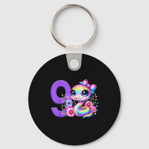 9th Birthday Girl Snake Party Rainbow Coquette Bow Keychain