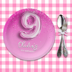 9th Birthday Girl with Number Balloon Party Paper Plate