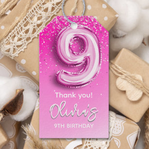 9th Birthday Girl with Pink Number Balloon Gift Tags