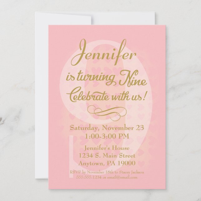 9th Birthday Invitation Girls Pink Gold Hearts (Front)