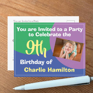 9th Birthday Invitation with Photo Postcard