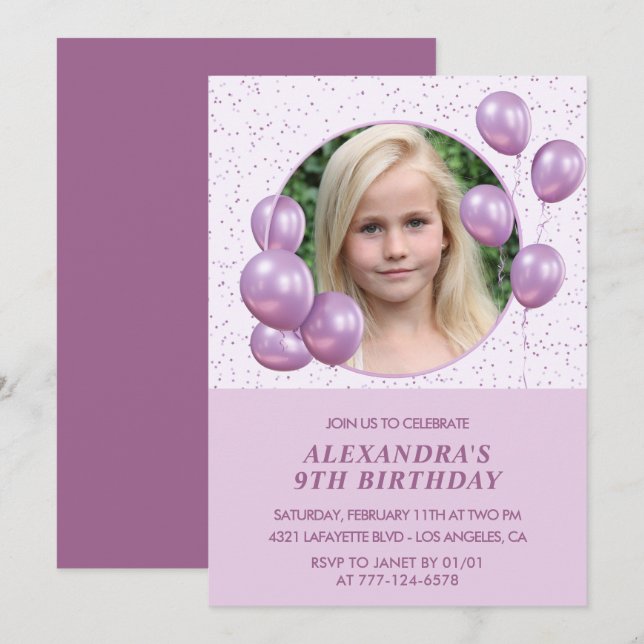 9th birthday invitations Balloons Photo Purple (Front/Back)
