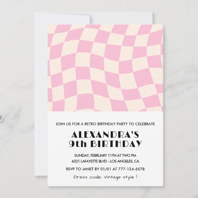 9th birthday invitations Chequered Retro Pink  (Front)