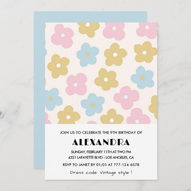 9th birthday invitations Girl Blue Pink Floral (Front/Back)