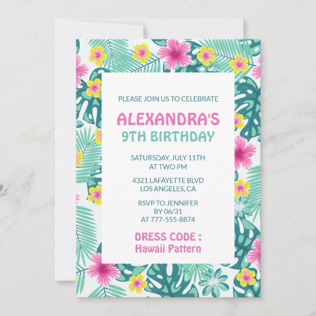 9TH birthday invitations Tropical Hawaii Pattern (Front)