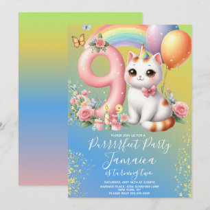 9th Birthday Kitten Rainbow Party Invitation