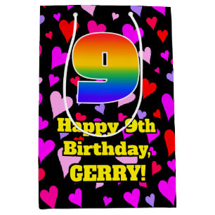 9th Birthday: Loving Hearts Pattern, Rainbow # 9 Medium Gift Bag