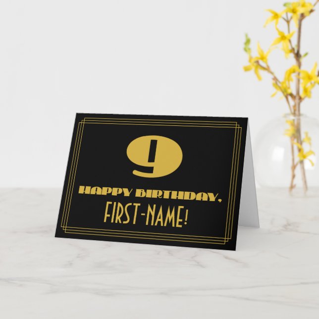 9th Birthday: Name + Art Deco Inspired Look "9" Card (Yellow Flower)