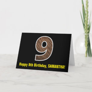 9th Birthday: Name + Faux Wood Grain Pattern "9" Card