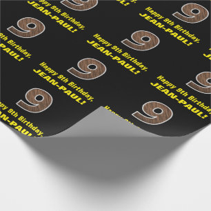 9th Birthday: Name & Faux Wood Grain Pattern "9" Wrapping Paper