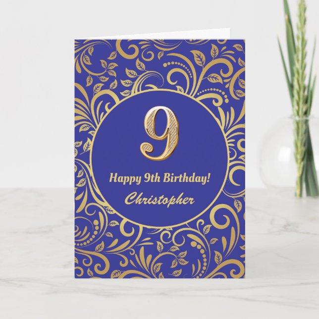 9th Birthday Navy Blue and Gold Floral Pattern Card (Front)