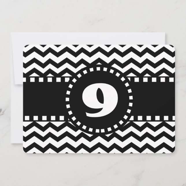 9th Birthday Party Black and White Chevron W09B Invitation (Front)