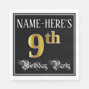 9th Birthday Party — Fancy Script, Faux Gold Look Napkin