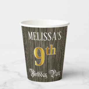 9th Birthday Party — Faux Gold & Faux Wood Looks Paper Cups