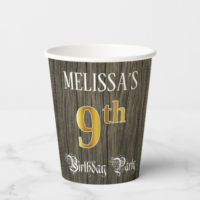 9th Birthday Party — Faux Gold & Faux Wood Looks Paper Cups (Back)