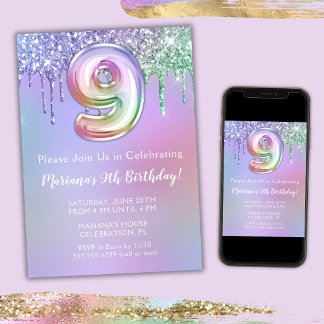 9th Birthday Party Invitation Purple Pink Glitter