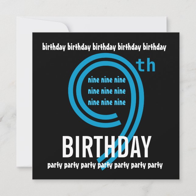 9th Birthday Party Modern Blue and Black W689B Invitation (Front)