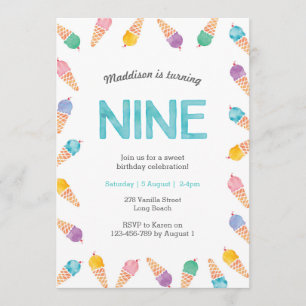 9th Birthday Party Rainbow Ice cream invitation