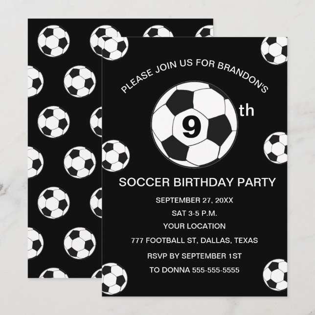 9th Birthday Party Soccer Black Boys Sports Invitation (Front/Back)