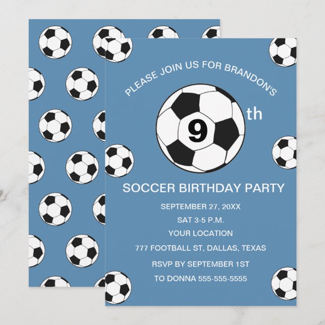 9th Birthday Party Soccer Blue Boys Sports Invitation (Front/Back)