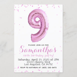 9th Birthday Pastel Pink Balloon Invitation