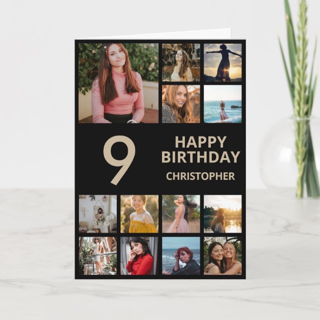 9th Birthday Photo Collage 13 Photos Black & Gold Card (Front)