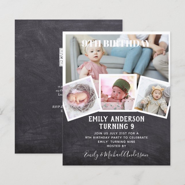 9TH Birthday Photo Collage Invite Boy Girl Mixed (Front/Back)