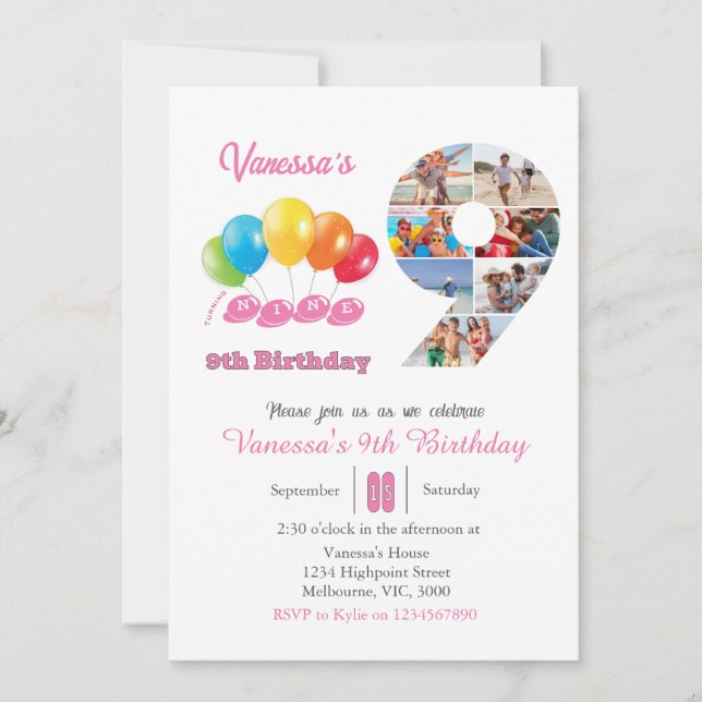 9th birthday photo collage number 9 Girl  Invitation (Front)