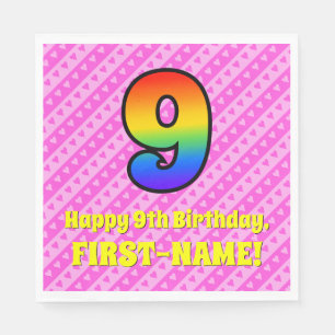 9th Birthday: Pink Stripes & Hearts, Rainbow # 9 Napkin