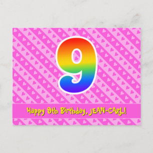 9th Birthday: Pink Stripes & Hearts, Rainbow 9 Postcard