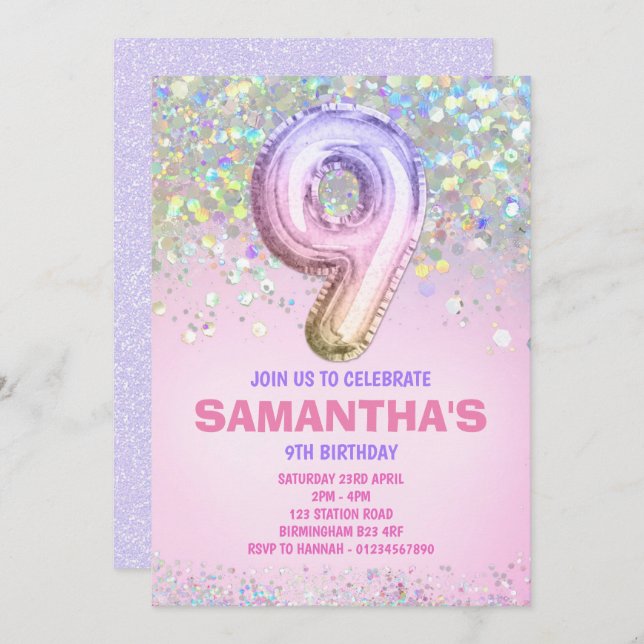 9th Birthday, Rainbow Glitter Birthday Invitation (Front/Back)
