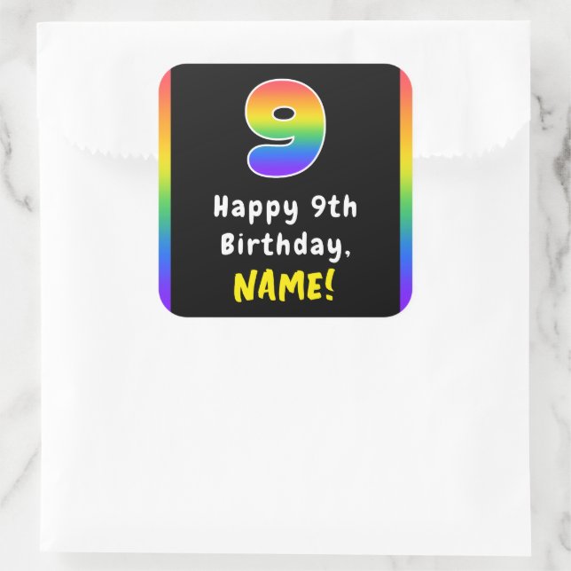 9th Birthday: Rainbow Spectrum # 9, Custom Name Square Sticker (Bag)