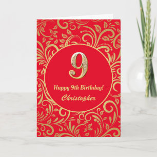 9th Birthday Red and Gold Floral Pattern Card