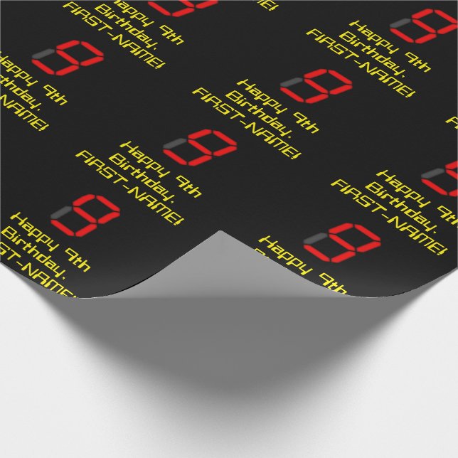 9th Birthday: Red Digital Clock Style "9" + Name Wrapping Paper (Corner)