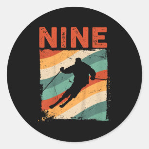 9th Birthday Retro Ski Skiing 9 Year Old Boys Girl Classic Round Sticker