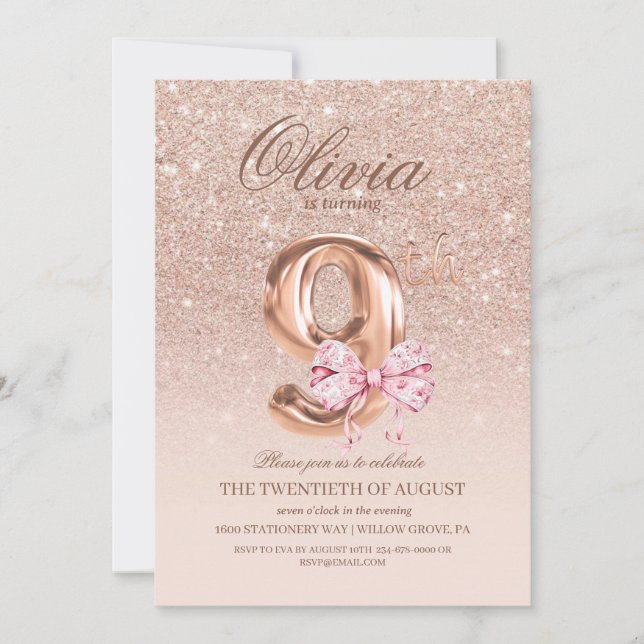 9th Birthday Rose Pink Gold  Bow Birthday Party  Invitation (Front)