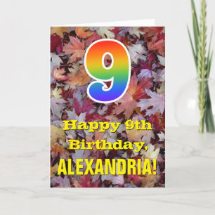 9th Birthday; Rustic Autumn Leaves; Rainbow "9" Card