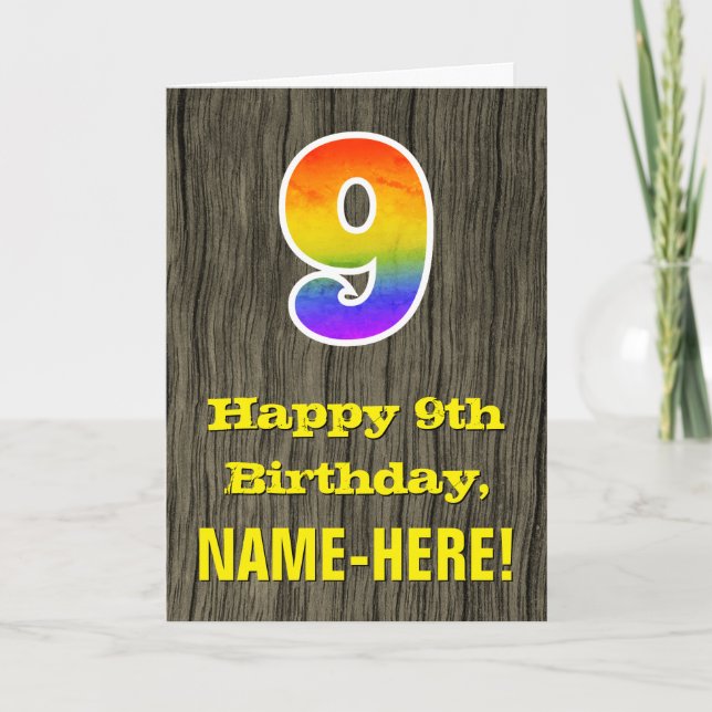 9th Birthday: Rustic Faux Wood Look, Rainbow "9" Card (Front)
