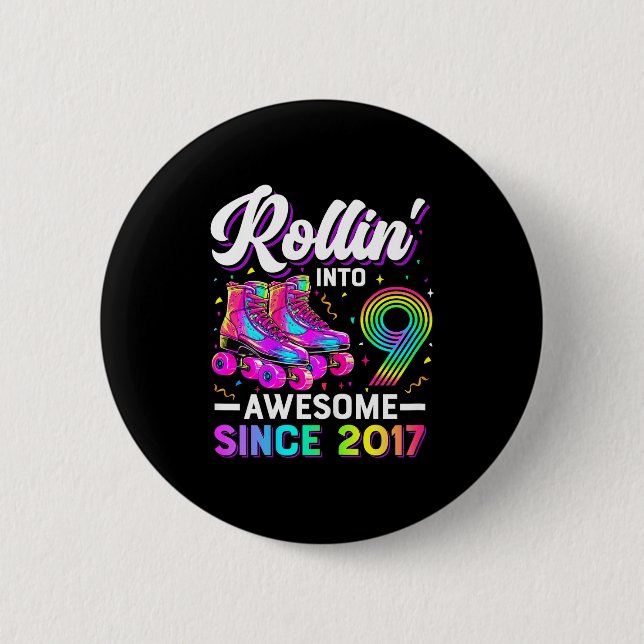 9th Birthday Shirt Girl Nine 9 Year Old Roller Ska 2 Inch Round Button (Front)