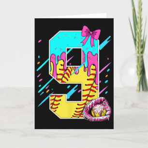 9th Birthday Softll Ice Cream Drip Bow 9 Years Kid Card