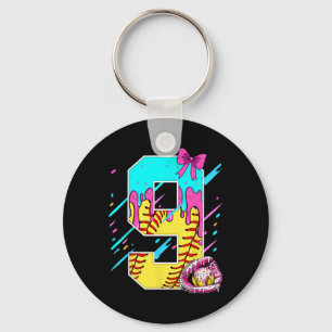 9th Birthday Softll Ice Cream Drip Bow 9 Years Kid Keychain